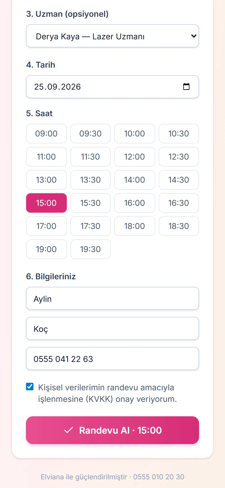 Elviana telefon ekranı — Online randevu sayfası