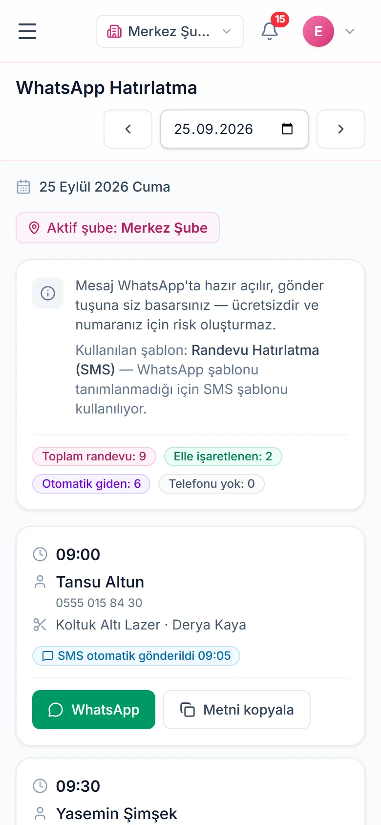 Elviana — Tek tıkla WhatsApp hatırlatma