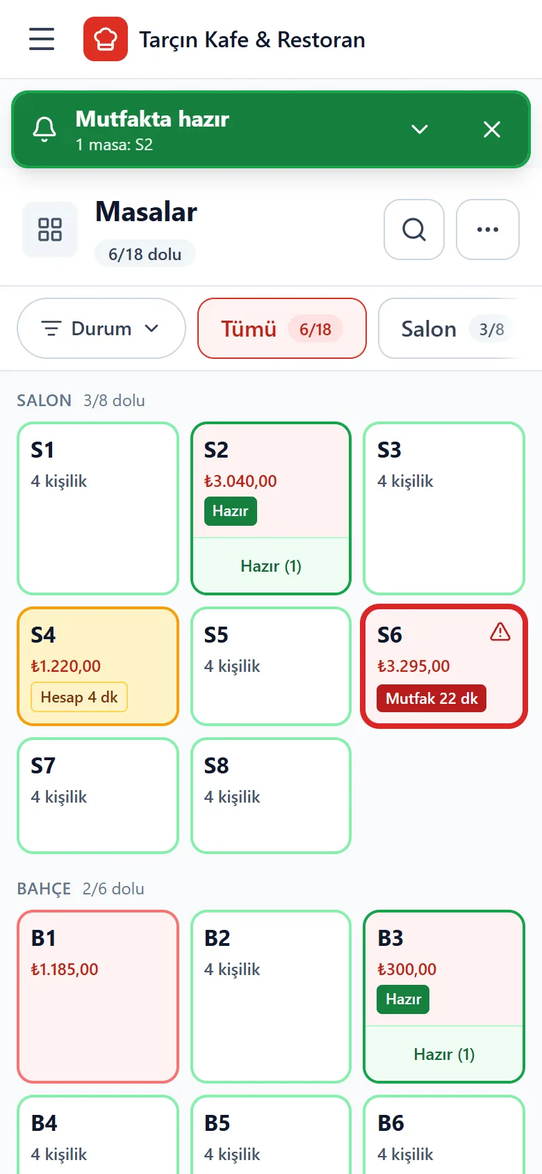 Kadisyon telefon ekranı — Garson telefonu: masalar
