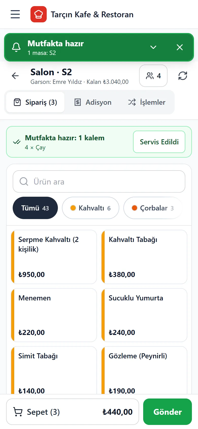 Kadisyon — Garson telefonu: sipariş alma