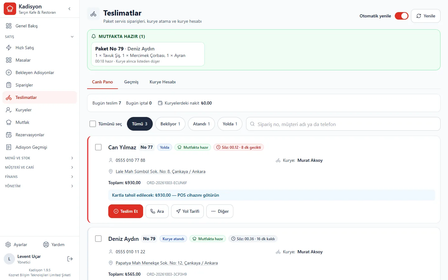 Kadisyon — Teslimatlar: paket servis panosu