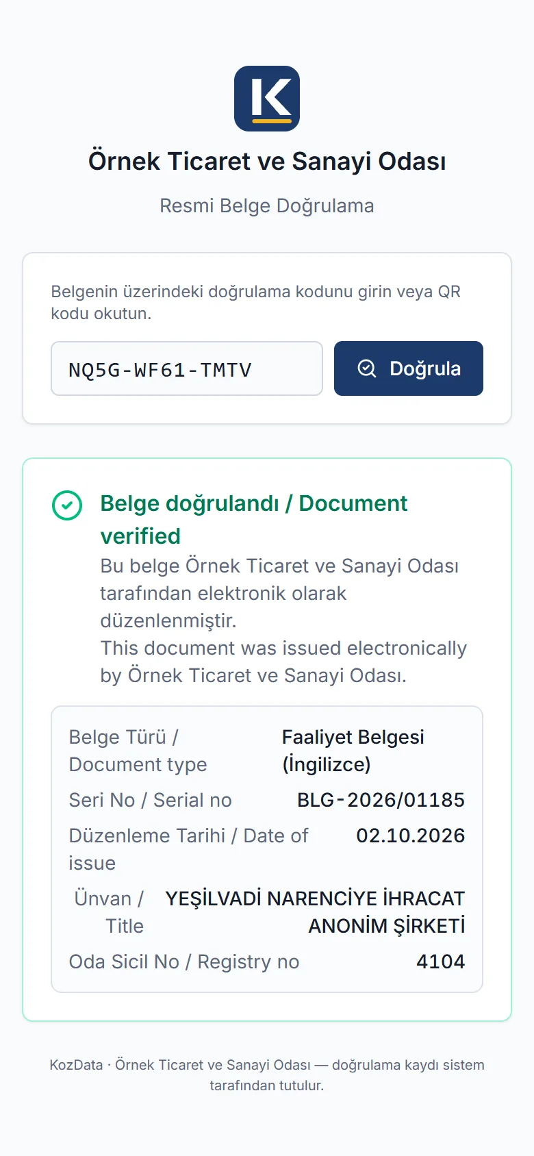 KozData telefon ekranı — QR ile belge doğrulama (telefon)