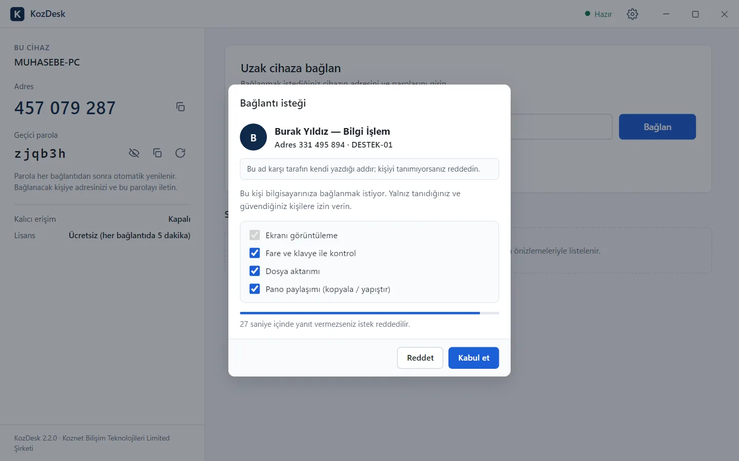 KozDesk — Gelen bağlantı isteği ve izinler