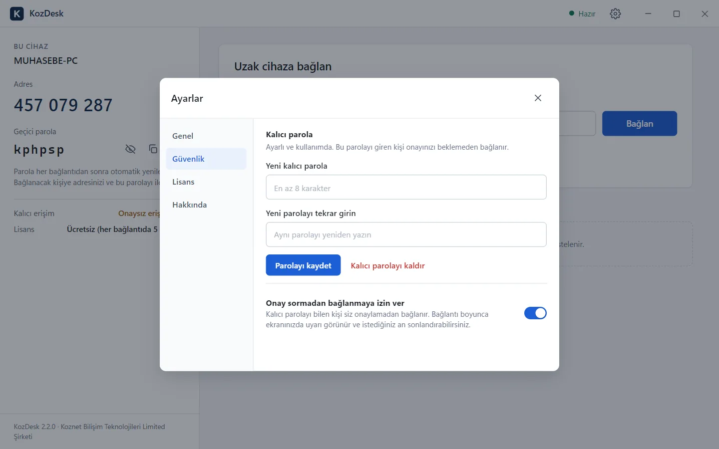 KozDesk — Kalıcı parola ve onaysız erişim