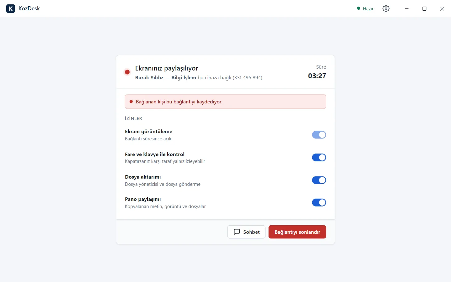 KozDesk — Paylaşan taraf: izinler ve kayıt uyarısı