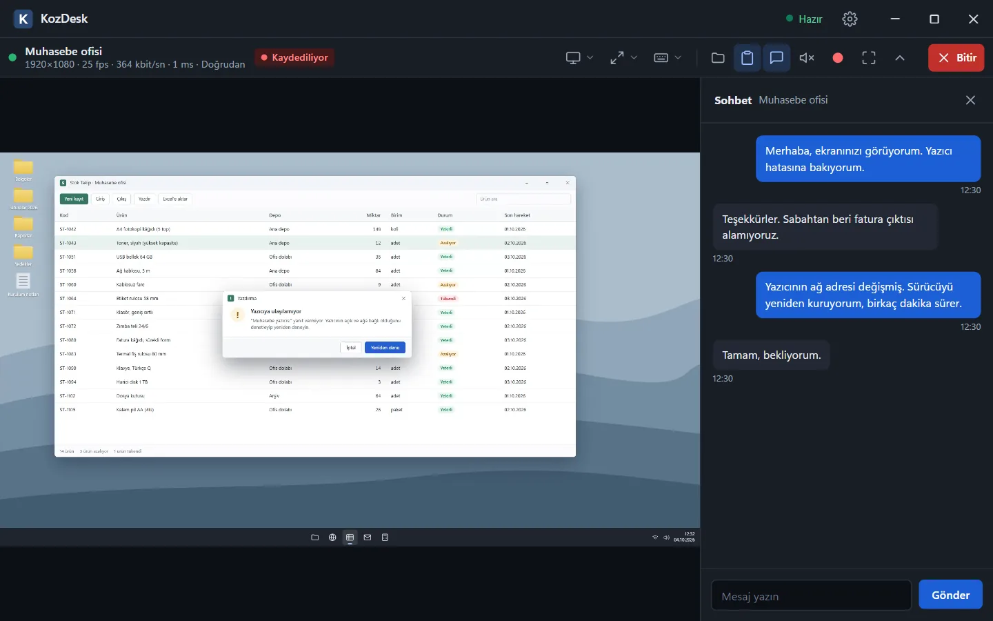 KozDesk — Sohbet ve bağlantı kaydı