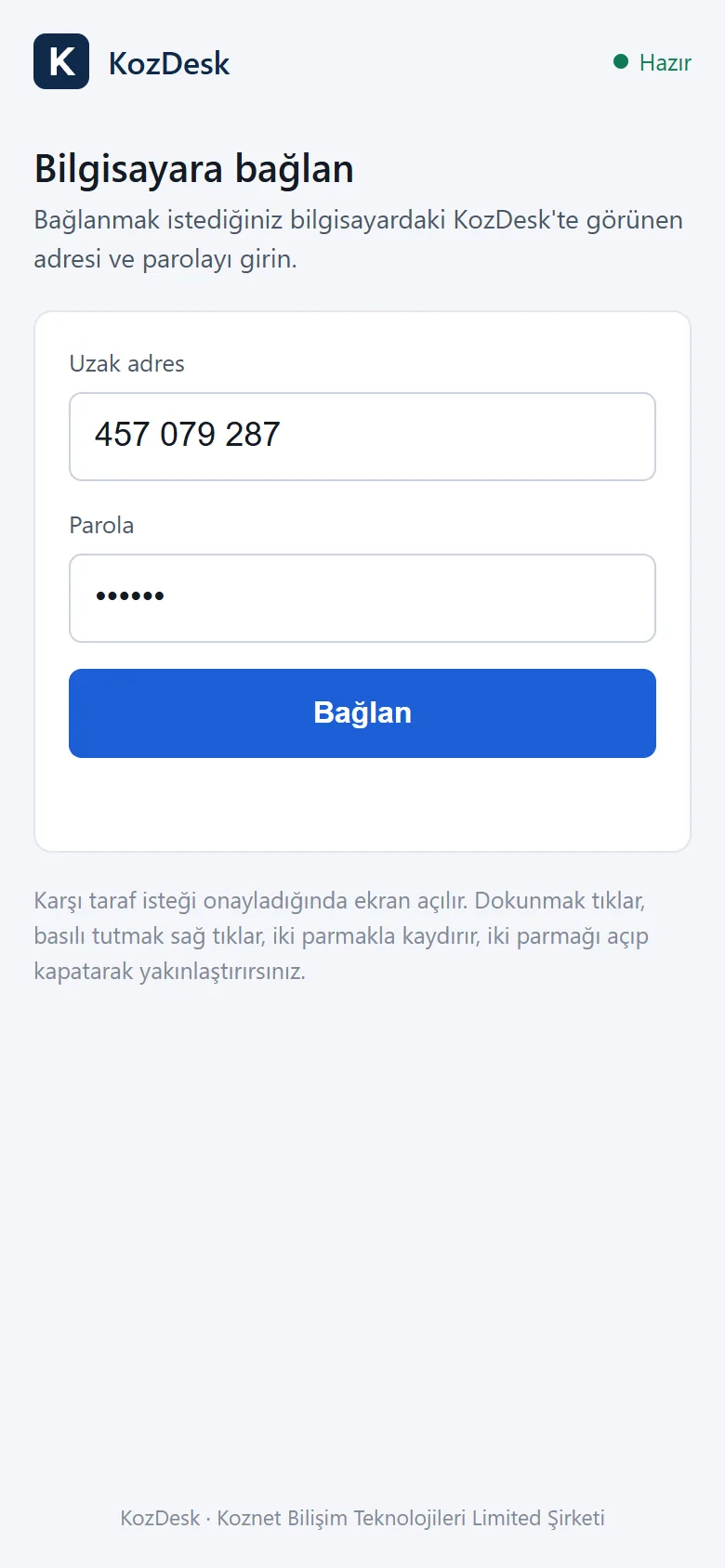 KozDesk telefon ekranı — Telefondan bilgisayara bağlanma