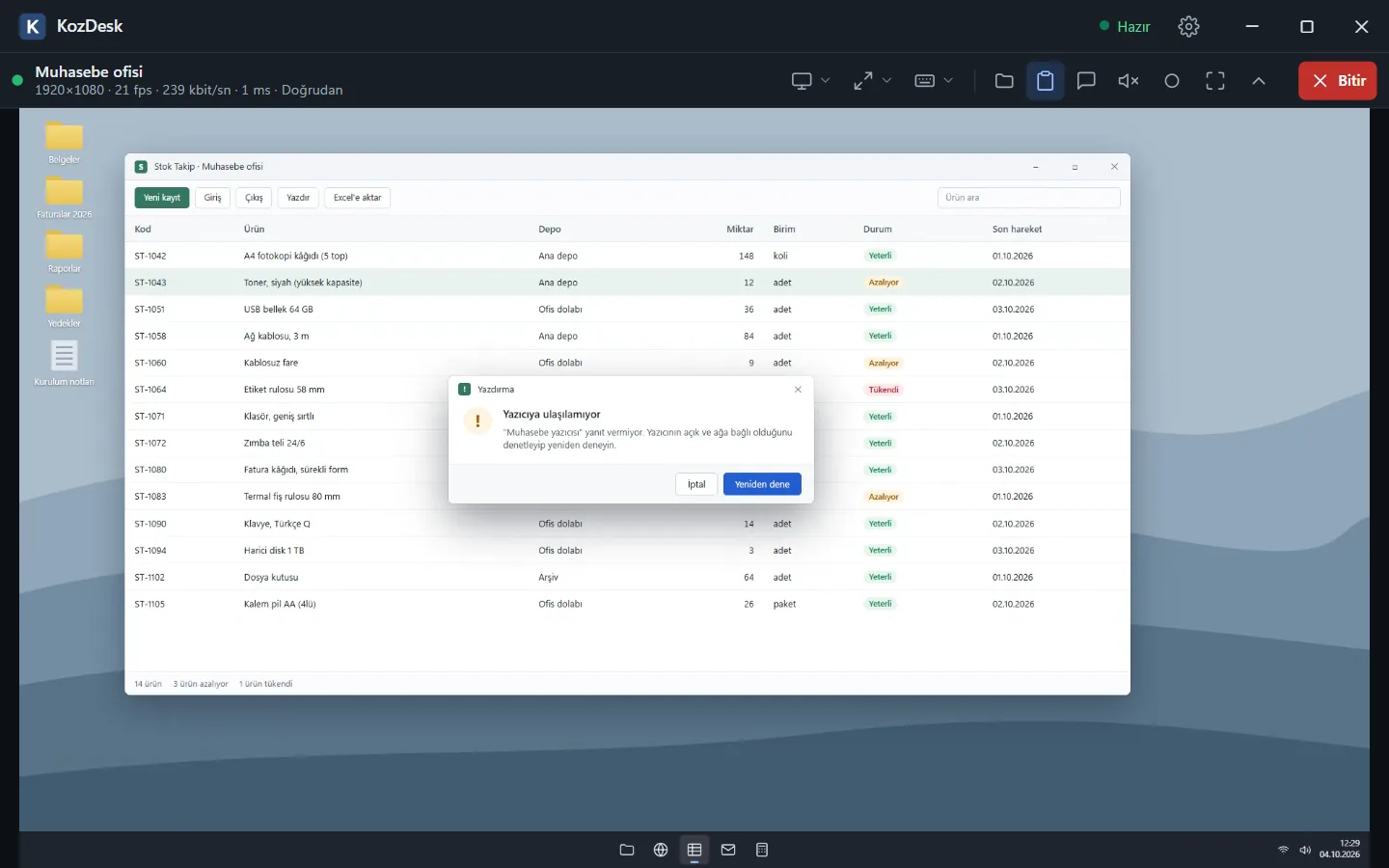 KozDesk — Uzak ekran ve araç çubuğu