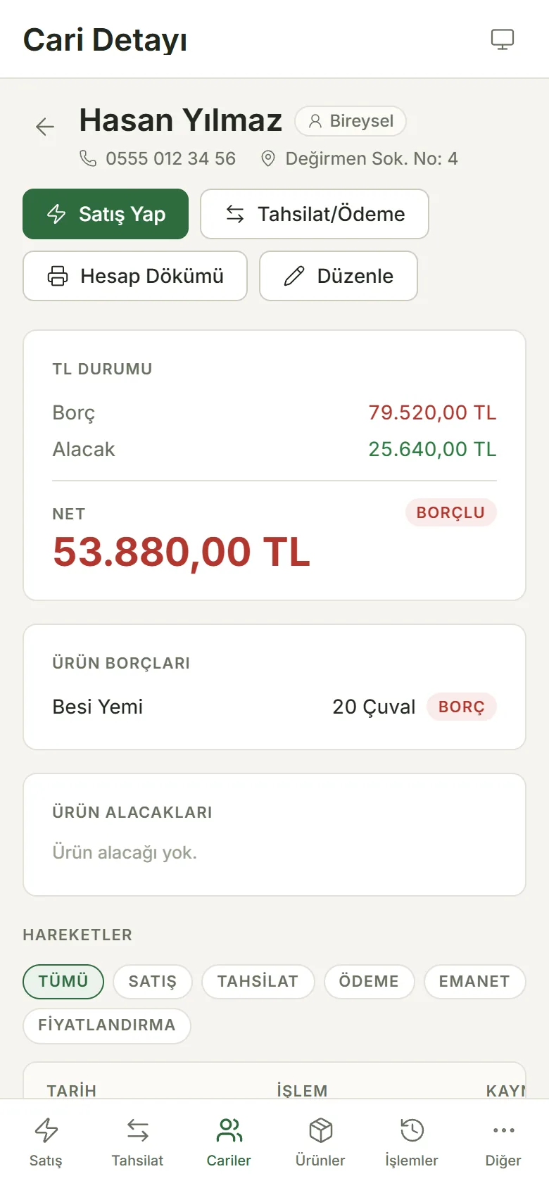 KozPos Satış — Telefonda cari kartı