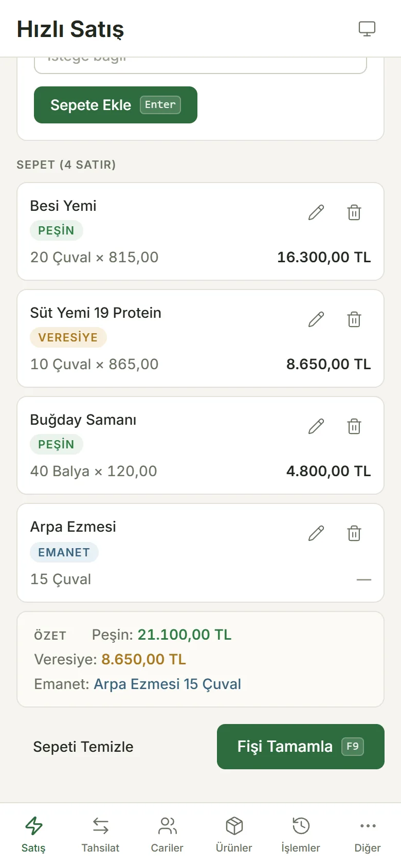 KozPos Satış telefon ekranı — Telefonda Hızlı Satış sepeti