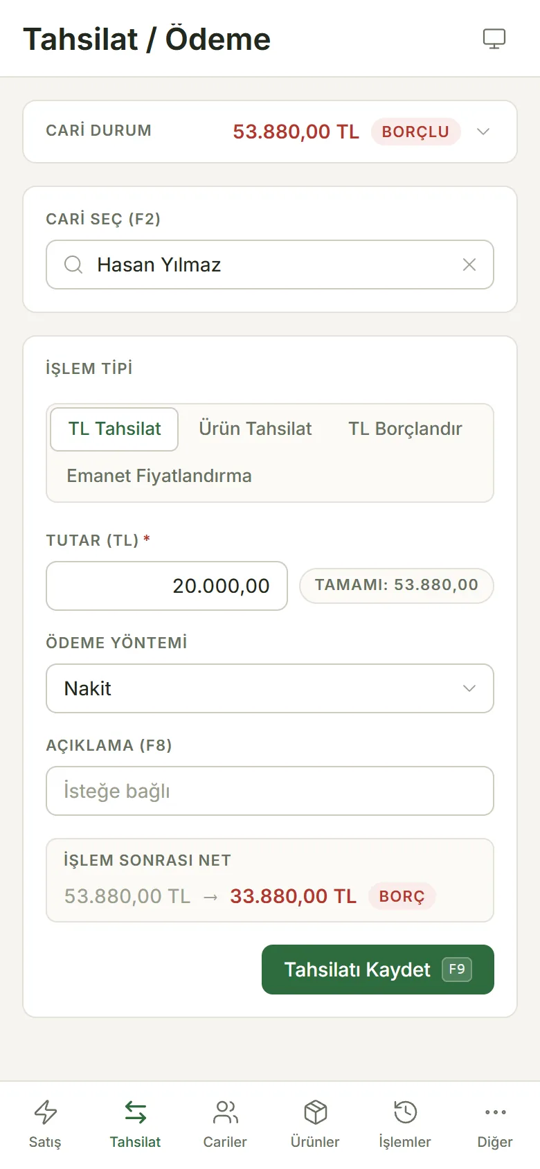 KozPos Satış — Telefonda TL tahsilat