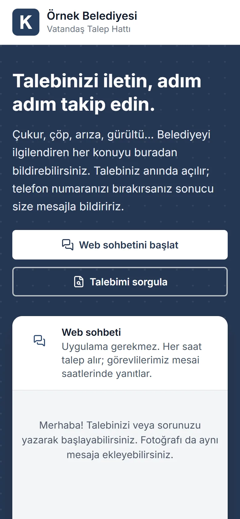 KozTalep telefon ekranı — Vatandaş sayfası (telefon)