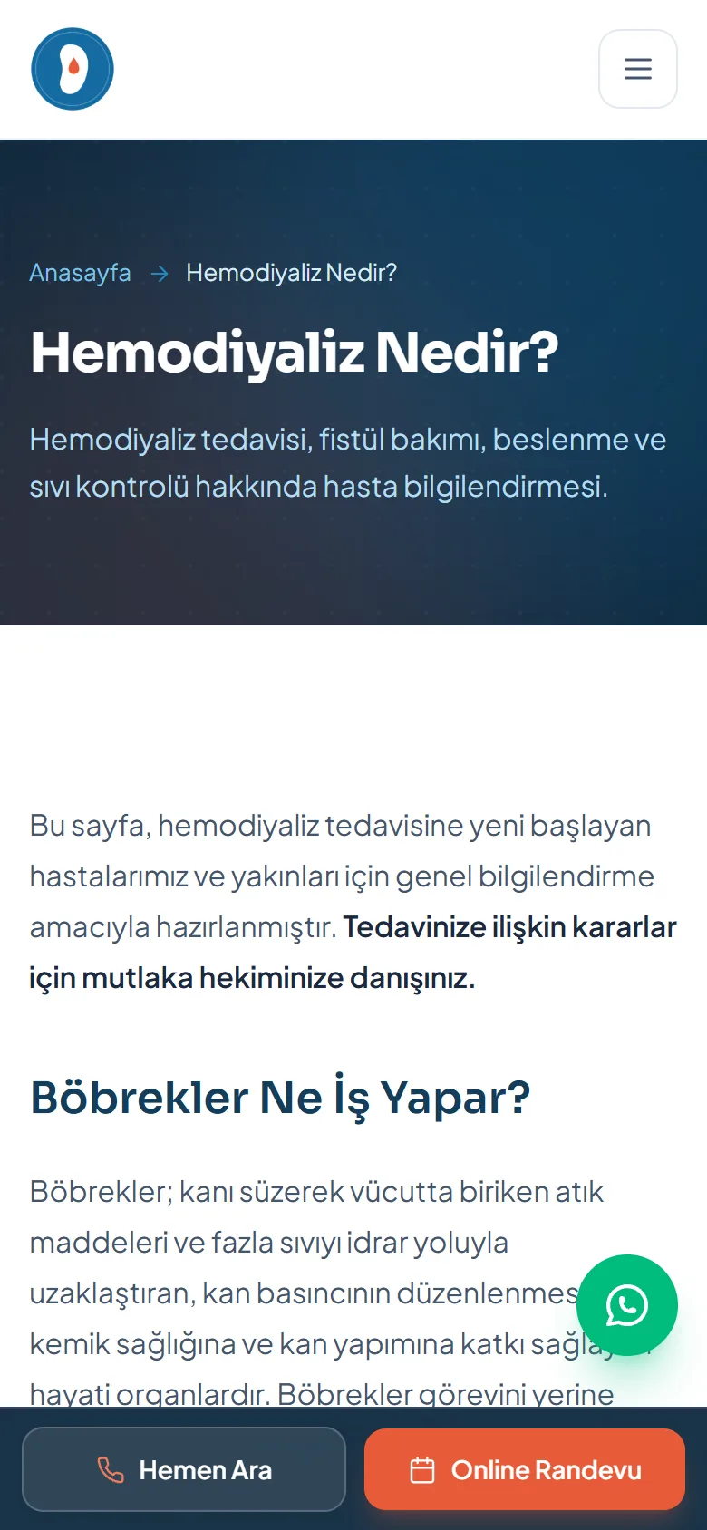 NefroWeb — Telefonda Hemodiyaliz Nedir? sayfası