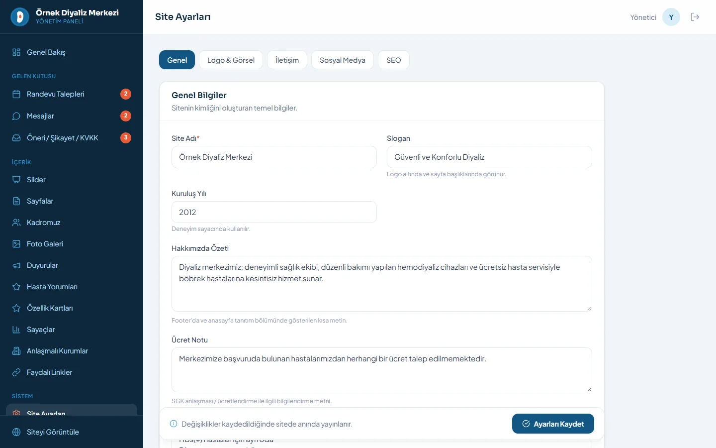 NefroWeb — Panel: Site Ayarları